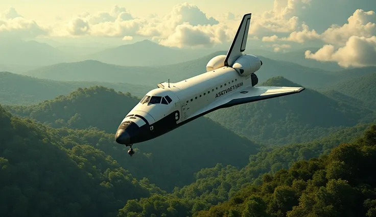  space shuttle flies over a green forest 