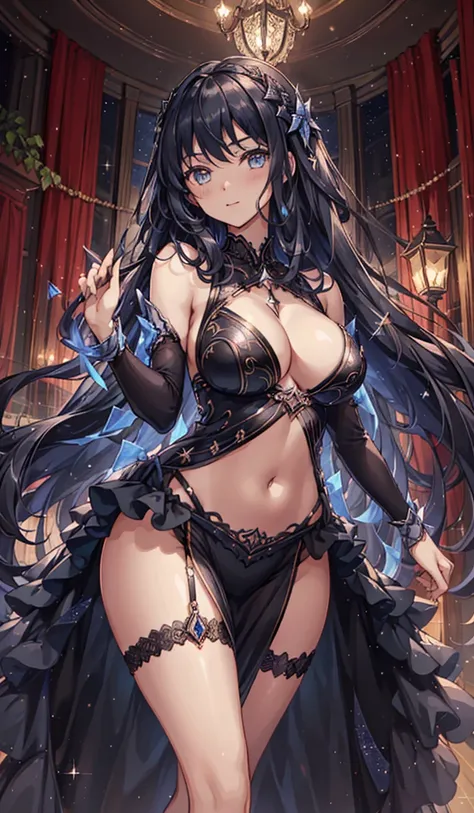 1 girl, (((ultra - detailed))), ((tmasterpiece)), ((lamplight)), , starlights, Black gorgeous dress, Curvy woman, veils, sliver long hair, Fair skin, Sagged Eyes, Starry eyes like the night sky, Belly up, facing the front there，Starry night sky atmosphere，...