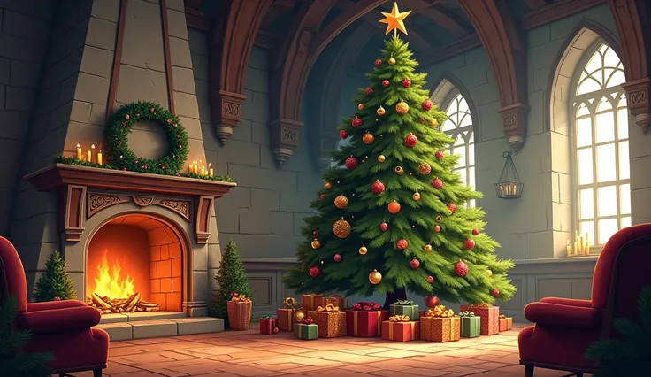 the living room in the castle , the tree is standing, The fireplace is burning,  under the tree are gifts, illustration,  high detail, 8 k