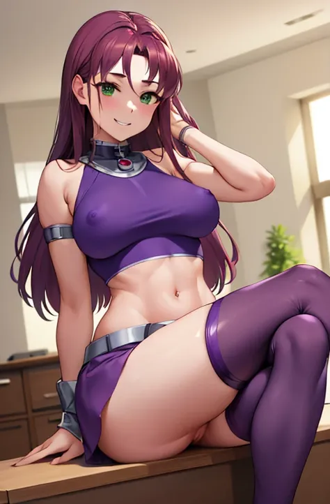   masterpiece ,  best quality,  highres icon, sf1, diaphragm, purple skirt, crop top,  purple socks , bare shoulders, belt, sitting, smile,  inside the house,  crossed legs , (nsfw), pantyshot, pov upskirt,