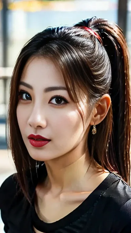 (a masterpiece portrait of a woman with ultra detailed features, in 8K resolution, with crisp quality and vibrant colors), (Front View:2)、 Close-up photo focusing on the face :1.4、 face、A Japanese housewife 、age:45, black hair、Symmetrical face, Insulated、 ...