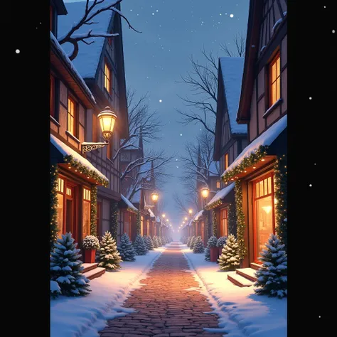 A picturesque winter evening unfolds on a quaint cobblestone street, blanketed in fresh snow. Golden lights from vintage street lamps cast a warm glow, accentuating the charming facades of the adjacent buildings. Festive decorations and twinkling fairy lig...