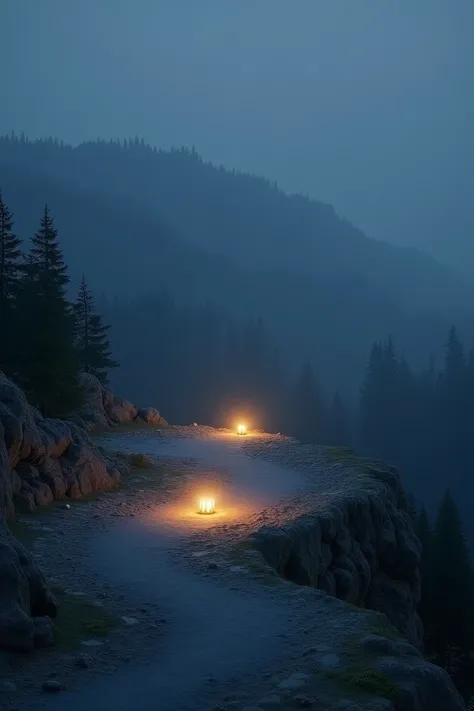 An almost flat place on top of a mountain ,  with some lamps on the ground illuminating part of the place and with a forest seen from above at night 