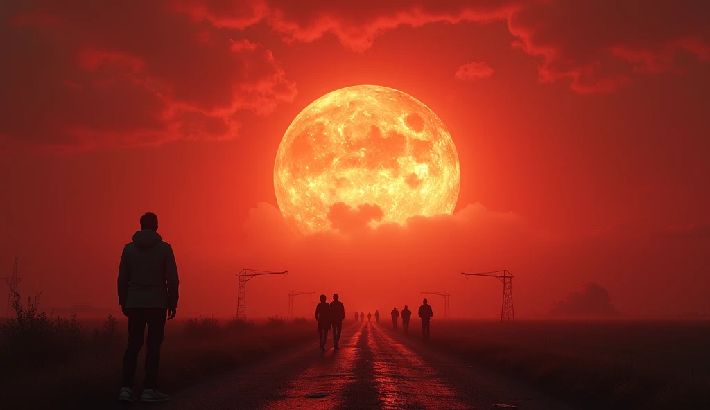 Une vue panoramique cinématographique de la fin du monde , dans une zone industrielle en France. Les gens sarrêtent et regarde dans le ciel rouge et mauve la météorite gigantesque qui sapprête a détruire toute vie sur terre. Dans un temps suspendu et calme...