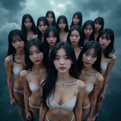 Real Live-Action, (XLabs F.1 Realism LoRA V1), 8K HDR Group photo, many Idol group girls Surrounding the camera in Upward composition, Panoramic, Filled with many Faces, Looking down at the camera, Face closeup from below, LifeLike rendering, Super-Detaile...