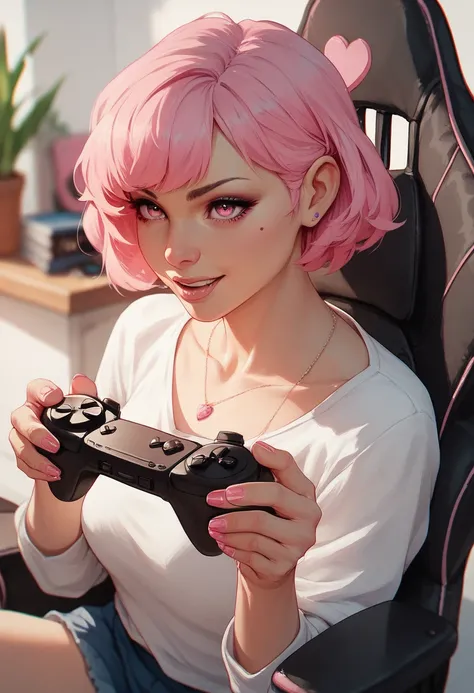 1girl, solo, pink hair, pink eyes, siting in gaming chair, holding controller, playing video games