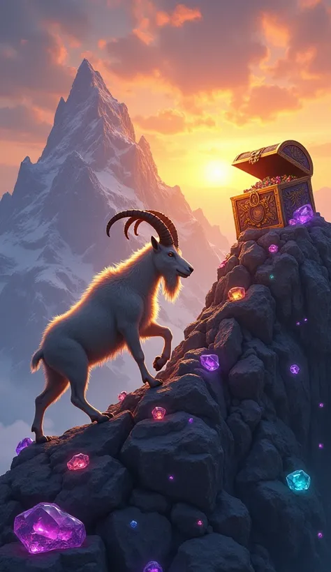  A mountain goat climbing a mountain of sparkling gemstones. At the top, an open treasure chest reflects golden sunlight on the horizon ."