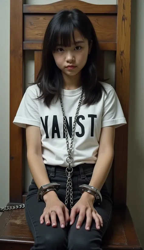 ((photograph))､(((Genuine)))､(((An 18-year-old girl is strapped to a small electric chair)))､ (She has handcuffs on her wrists)､(((Handcuffed on both hands、The handcuffs are connected by chains)))､((( Japanese 1 girl girls wearing a crotch chain)))､Japanes...