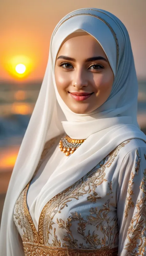 8K Ultra HD, a young beautiful lady with a long islamic dress, pale skin , warm smile, beautiful face ,wearing hijab , sunset coast should serve as the underlying backdrop, with its details incorporated into the goddess , crisp lines, The background is war...