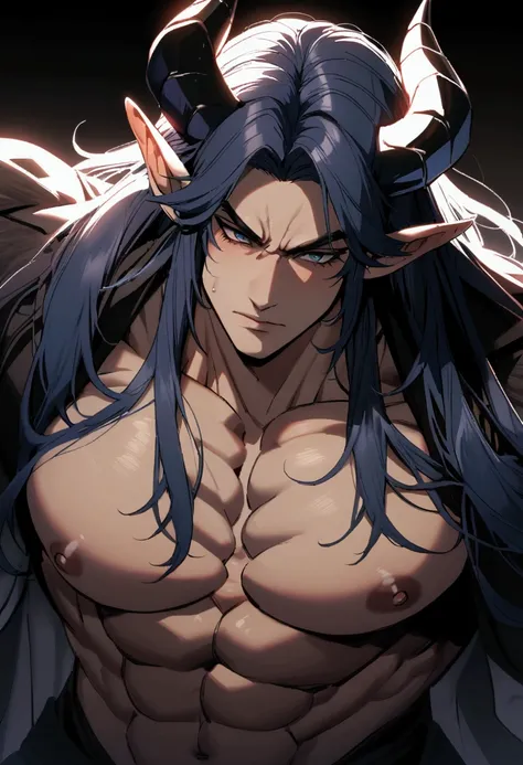 Man, long hair, dark blue hair, big muscles, masculine, demon horns, elf ears, beautiful face