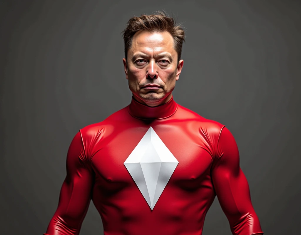 Elon Musk wearing the Mighty Morphin Power Ranger Red uniform with a defiant look, On his chest is a white diamond ,  the image is full body, Three-quarter mixed-face guard