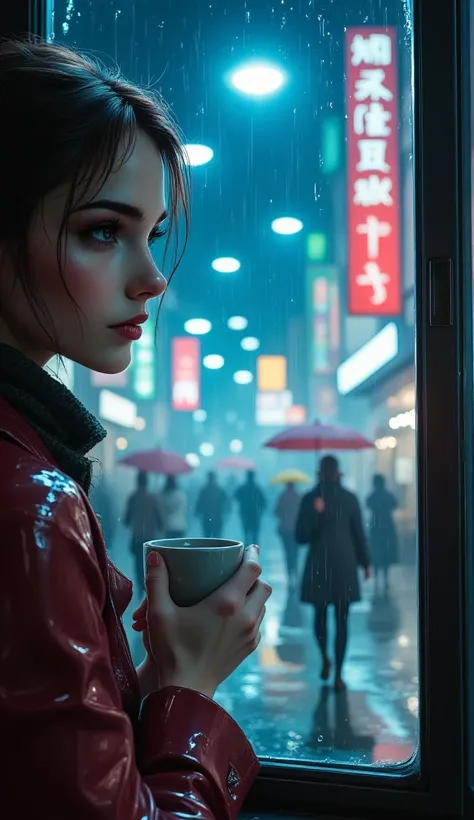  woman looking out the window with a cup of coffee ,  sees people walking with umbrellas down the street illuminated by a lantern,  torrential rain , puddles on the street , The glass has drops of water falling , chiaroscuro, cinematic lighting, UHD, Retin...