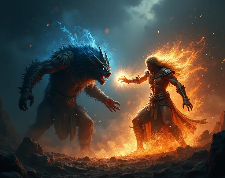 Image with dark background,  where you see a god fighting against a mythological creature ,  on the right side , The rest just a dark background , Let it look epic ,  the god fighting with the mythological creature in the image half to the right,  the rest...