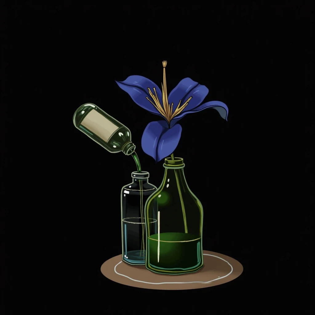  Design of a realistic and detailed tattoo ,  where a blue flower and a pair of glass bottles  ( one inclined pouring a green liquid and the other standing ) share the protagonist .  The composition must be harmonious ,  highlighting both elements in a bal...