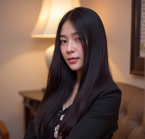 A young thai woman poses indoors,exuding elegance and confidence. She is wear black dress ,sexy body,intricate cartoon patterns but no bra. . Her long black hair flows over introspective expression, creating a relaxed yet graceful pose. The background is s...