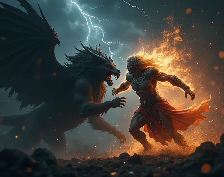 Image with dark background,  where you see a god fighting against a mythological creature ,  on the right side , The rest just a dark background , Let it look epic ,  the god fighting with the mythological creature in the image half to the right,  the rest...