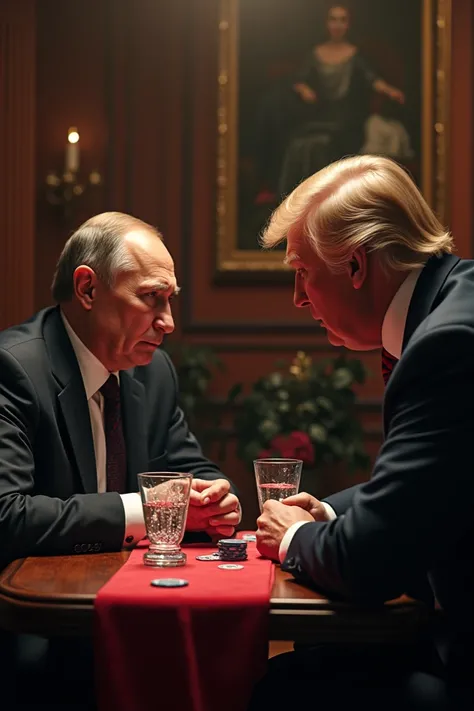 Vladimir Putin and Trump playing poker and drink vodka