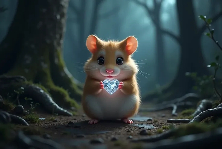 photorealistic, outdoor, dark atmospere, hamster hold my Diamond Heart