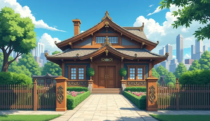 house anime theme, one floor house, a somewhat rich house with wooden doors, windows, very high henge perimeter, driveway, city skyline