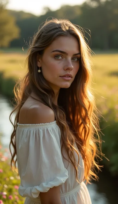 Create an Ultra-realistic style medium shot of a woman, early 20s, with long, flowing hair cascading over her shoulders, glowing softly in the afternoon sun. She stands near a stream in a peaceful meadow, her expression reflecting a sense of dignity and gr...