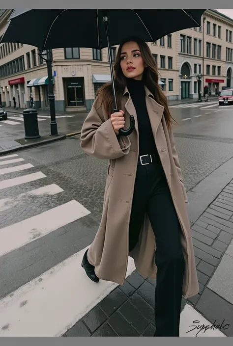 A naturally beautiful young woman with elegant Russian features, long brown hair styled in a vintage glamour blowout with big volume, and hazel eyes. She has plump lips, tanned skin, and wears a long trench coat in an old money style. Her physique includes...