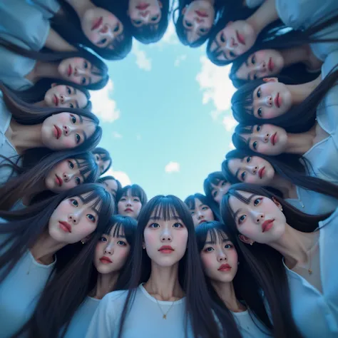 Real Live-Action, (XLabs F.1 Realism LoRA V1), 8K HDR Group photo, many Idol group girls Surrounding the camera in Upward composition, Panoramic, Filled with many Faces, Looking down at the camera, Face closeup from below, Super-Detailed Textures, Fantasti...