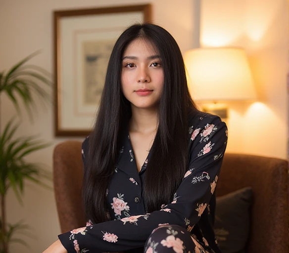 A young thai woman poses indoors,exuding elegance and confidence. She is showing ass ,sexy body,intricate cartoon patterns but no bra. . Her long black hair flows over introspective expression, creating a relaxed yet graceful pose. The background is softly...