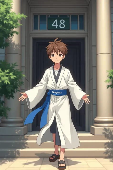 Create a brown-haired boy in a white robe and a blue ribbon that says Benjamin entering a school that has the number 48