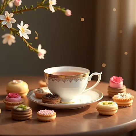 A cup and Petit Fours Stand of delicious tea, nice music, and a charming poem., masterpiece, highest quality、Super high quality、transparency、Time of rest and relaxation、32K、