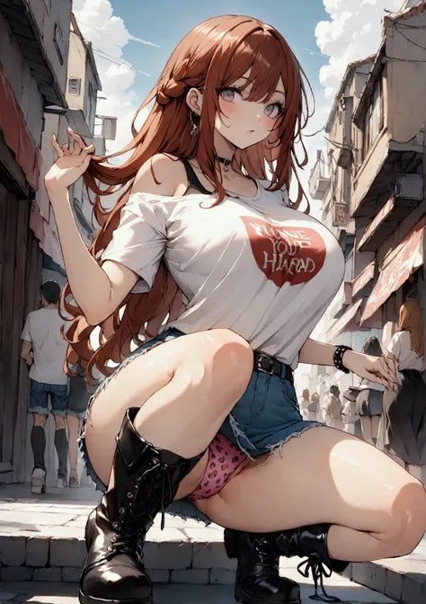 Ultra-high definition、 beautiful girl、Yankee Girl、Auburn Hair、Messy medium-long hair、 gal、 crowded streets 、 OFF SHOULDER T-SHIRT、 denim skirt、pink leopard print panties、  best quality ,  big butt、Thighs、Big Breasts、 High Cut Boots、Glare、 place your hands ...