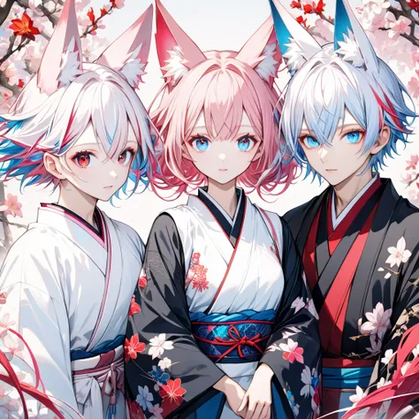 ((First female, Long pink hair, Fox ears, Blue eyes)), White kimono with pink and blue accent, ((Second Male Short white hair, Fox ears, Red eyes)), Black Kimono with white accent