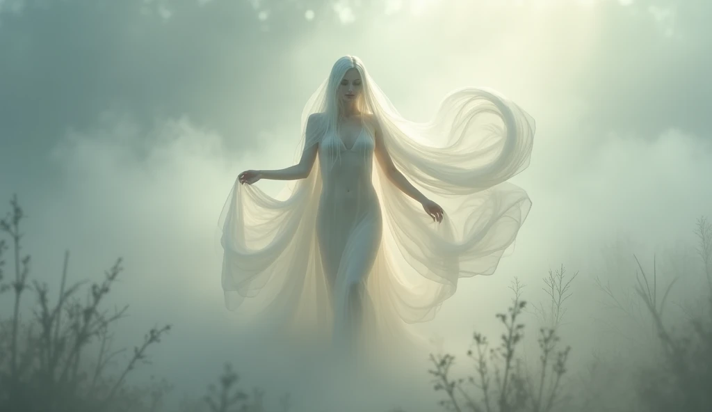 A beautiful, naked young woman with long, flowing white hair and a flowing white veil walks elegantly through a misty atmosphere, her ethereal form glowing softly amidst the swirling fog.