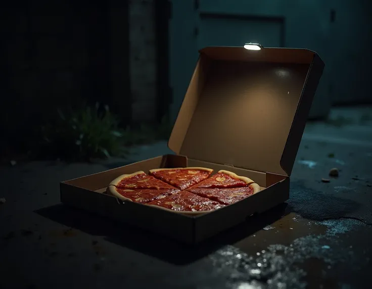 A cardboard Pizza box ,  the box looks complete in the open socket , The box is wet ,  showing only 3 pieces of pizza,  is at night and its a little dark 