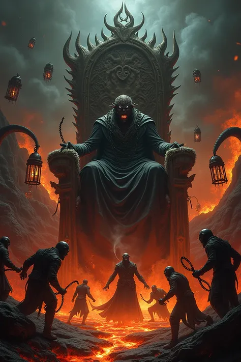 A dark place with flames, volcanic lava and demonic beings whipping people and the screaming Pedro as, some of them are caged and skulls on stakes with sticks and chains of fire and a large bone throne with snakes. 