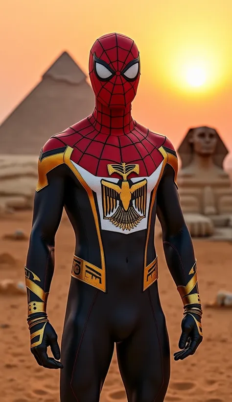 Spider-Man with a customized suit that reflects Egypt. The suit combines the colors of the Egyptian flag: red, white, black, and gold. The mask retains the classic shape but features golden details, such as a stylized Eye of Horus design on the forehead. T...