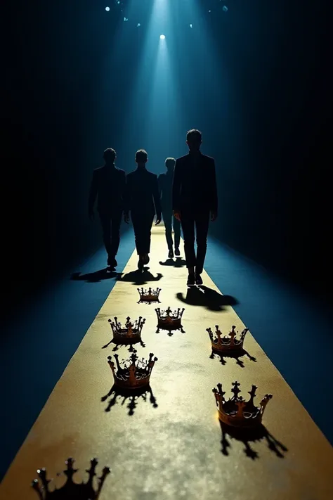  Make the cover of a musical album with a black background , gold dark blue , a runway with dramatic lighting 6 crowns fallen on the runway floor with 6 silhouettes parading on the dark runway illuminated with a low dark blue light