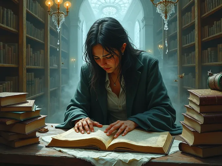 adult crying while studying on a fantasy setting