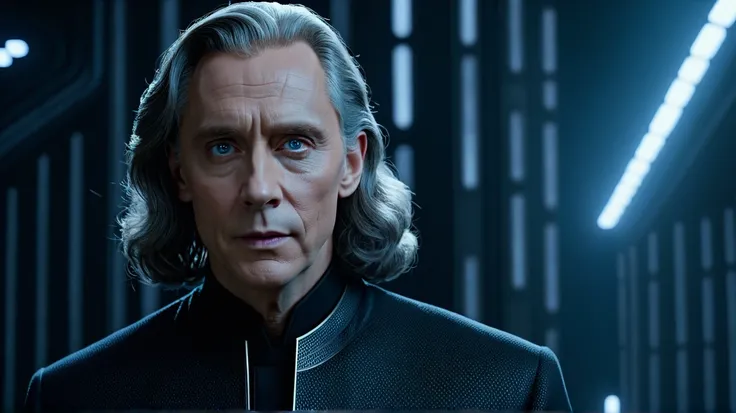 Long shot. The digital artwork of cinematic film scene in style of Peter Jacksons Star Wars, features a Tom Hiddleston embodied as 60 years old Sheev Palpatine,  with short, wavy gray hair with a light reddish tone and light blue eyes on his face. His expr...