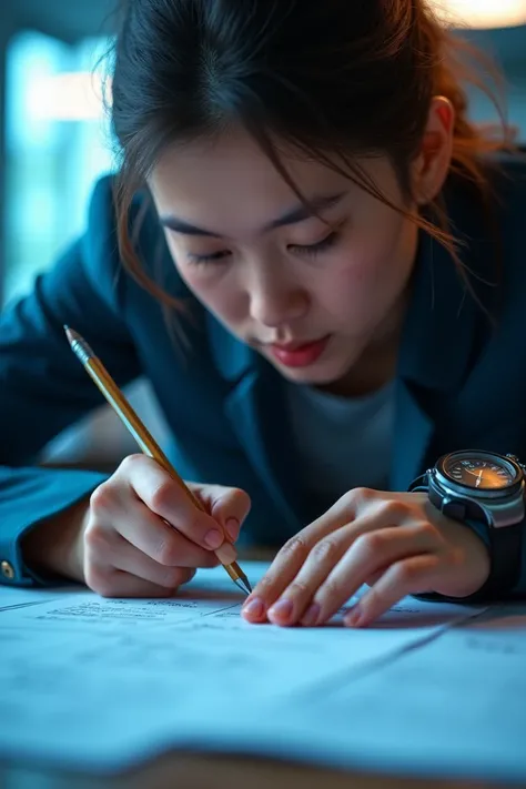  A person answering a test or timing the time , with full focus on resolution .  Show a watch and a simulated test .  Colors such as blue and orange can convey concentration and efficiency.