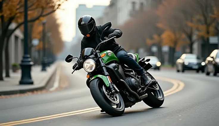 Create an image of the (2025 Kawasaki Vulcan S) cornering at in city  demonstrating its agility and handling capabilities.