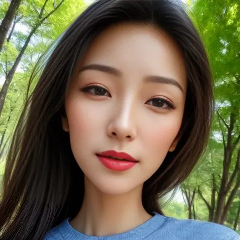 (a masterpiece portrait of a woman with ultra detailed features, in 8K resolution, with crisp quality and vibrant colors), (Front View:1)、(Side View:1)、 frontal close-up photo with focus on face 、 wearing a long-sleeved round neck t-shirt:1.4、Extreme front...