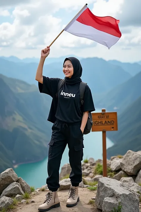 Professional photography of a Korean woman wearing a hijab, a loose black t-shirt that reads "Inneu" black cargo trousers, nude coloured boots, a mountaineering bag on her back, standing at the top of a mountain, waving an Indonesian flag, surrounded by ro...