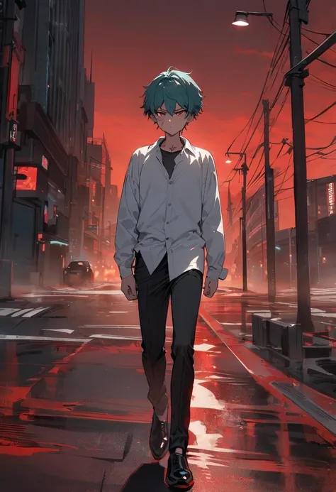 Male Teenager ,solo, white button down shirt, black undershirt, black jean pants, black shoes, teal hair, neck scar, red eyes, serious look, masterpiece, best quality, city, sidewalk, hell, red sky, walking, 