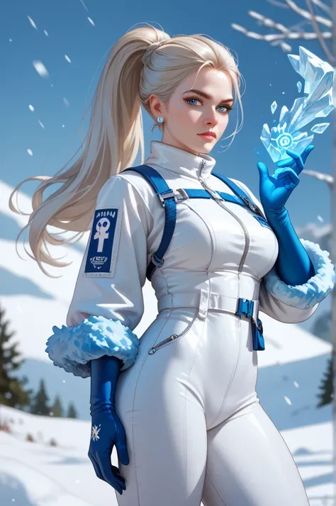 white mother, long platinum blonde hair, tight ponytail, thin face, arctic blue eyes, tall, thin build, white jumpsuit, dainty sky blue gloves, using glowing ice magic with hands, threatening look, standing in snowy plains, Looking at viewer