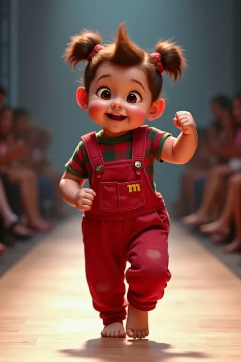 A  baby, a real human baby on my disney He features a character from the movie, ralph breaks the internet, standing on a runway. The baby has brown hair and is styled in a spiky updo. He is wearing a red plaid short-sleeved t-shirt with a green lining show...