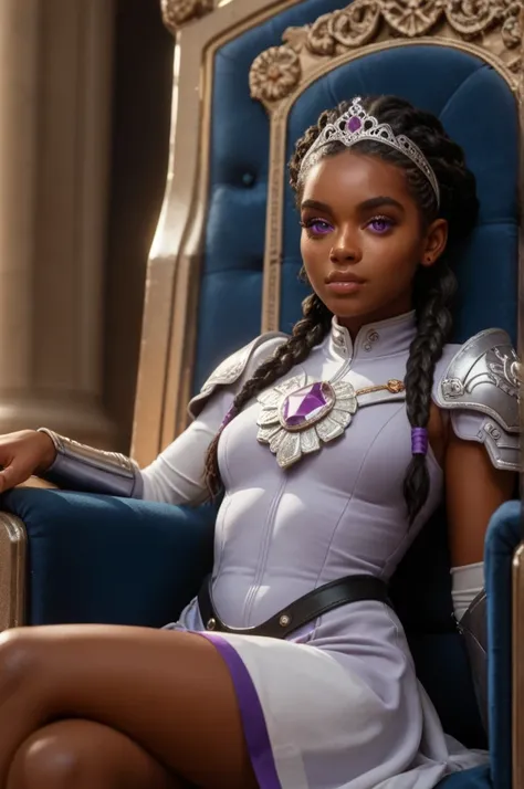 1girl, melanin girl, black braids, silver and amethyst tiara, petite build, silver uniform, modest, violet eyes, regal look, sitting on throne, two black guards standing behind her, High Resolution, Looking at viewer, 