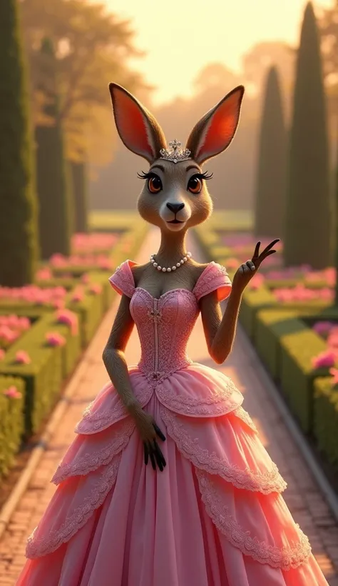 Create a highly detailed and realistic image of an anthropomorphic kangaroo, standing majestically in a fairy-tale garden at sunset. The kangaroo is dressed in an elaborate pink ball gown with intricate lace and embroidery details, short cap sleeves, and a...