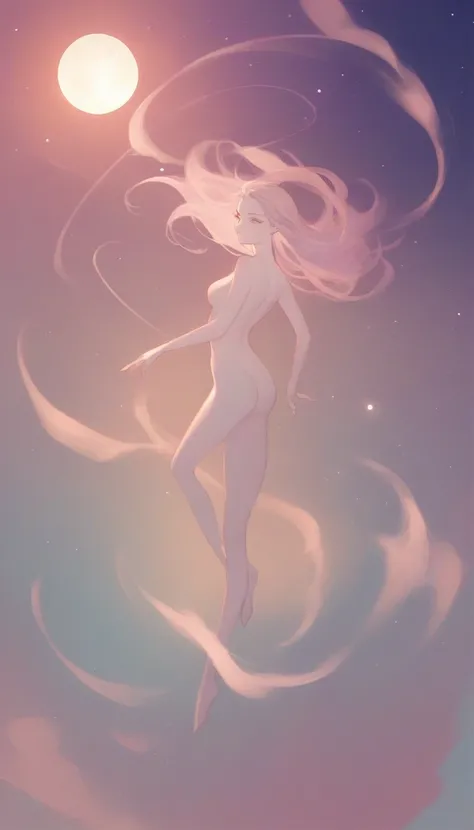 A beautiful design in vaporwave style, beautiful nude woman floating peacefully in a outer space with smoke trailing of into a surreal night sky, magical twinkling stars, glowing, simple background, full body, view from above, dynamic angle, dynamic lighti...