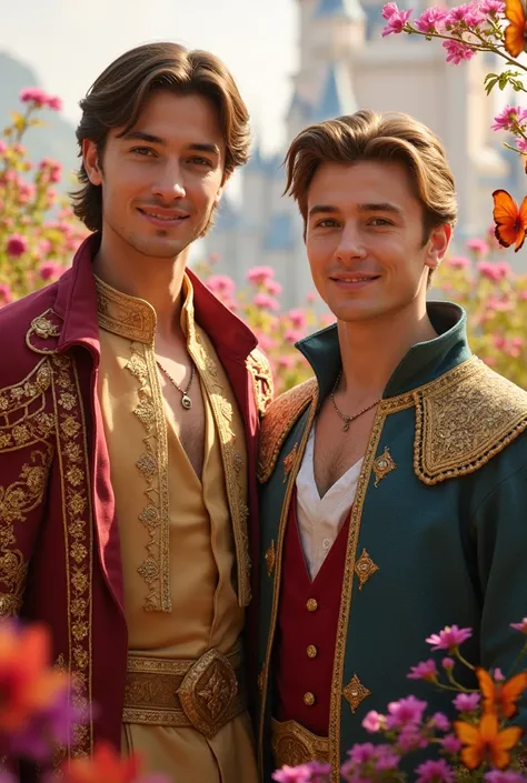 Realistic Disney princes, with noble features and a majestic appearance.
They wear regal outfits, richly decorated with gold embroidery and precious stones, with elegant capes and jeweled crowns.
Their hair is carefully coiffed, adding to their well-groome...