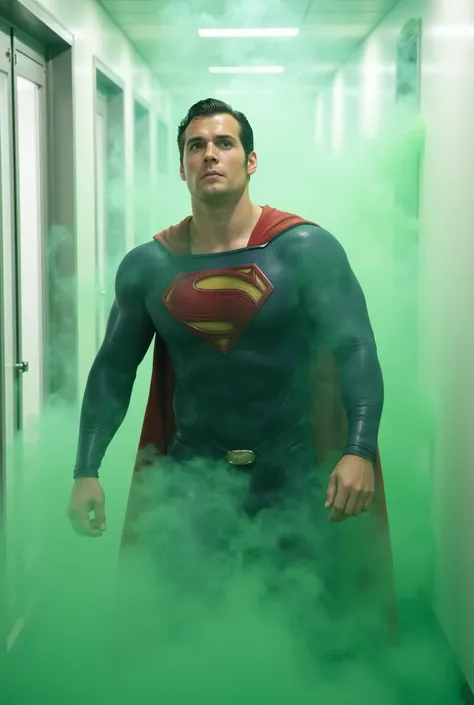 full body shot of a muscular attractive h3nr4, Henry Cavil with Short stubble, and a muscular build, he is falling to the ground, wearing a Superman suit. His iconic red and blue superhero costume is highly detailed, including the bright red cloak, He is c...